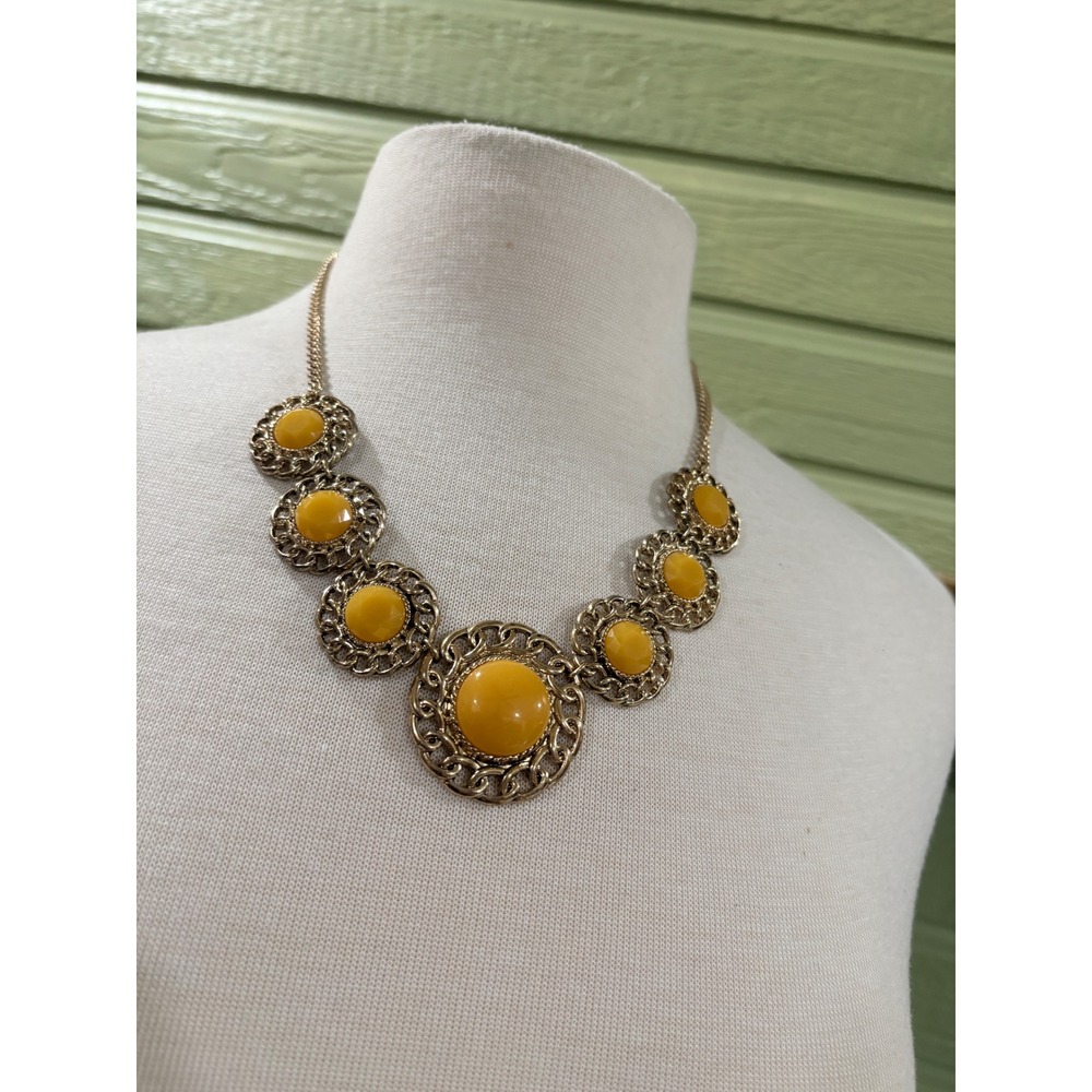 Sunny Yellow Gold Tone Linked Sunburst Bib Statement Necklace